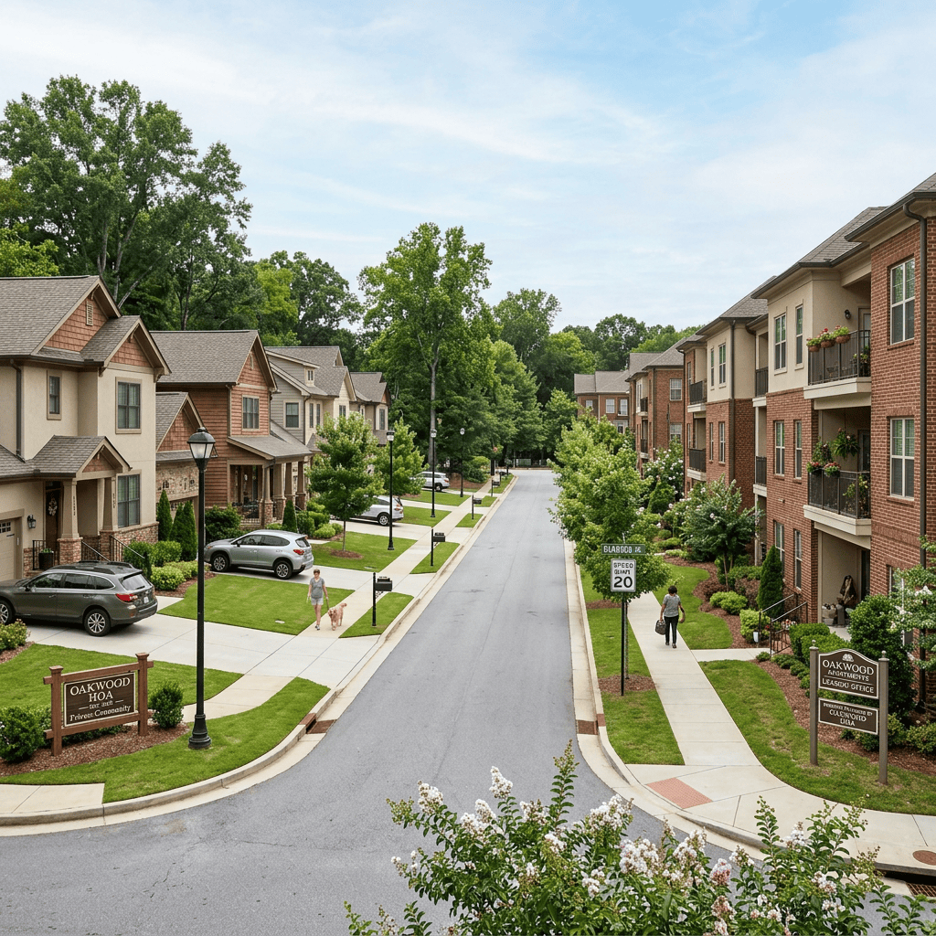Tree-lined residential community street with homes, sidewalks, and Oakwood signs